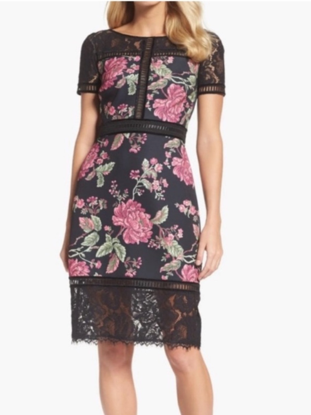 Tadashi Shoji Black Floral Lace-Trim Midi Dress with Pink Roses. Stretches